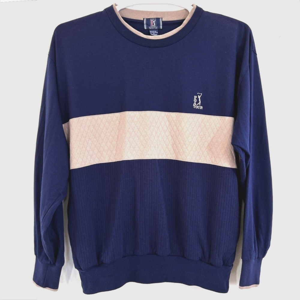 PGA Tour Mens Vintage Navy Blue Tan Quilted‎ Ribbed Pullover Sweatshirt Size M